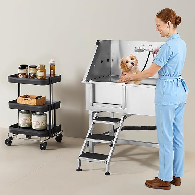 VEVOR 38 Inch Stainless Steel Dog Washing Station, Pet Grooming Tub with Hot & Cold Faucet, Showerhead, Home Wash Sink, Fits Small and Medium Cats and Dogs, Non-Slip Stairs (Left Door)
