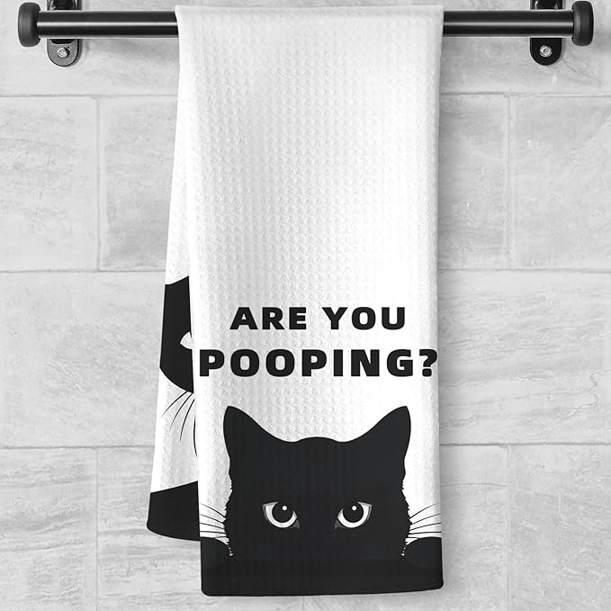 Quick-Drying Humorous Bathroom Hand Towel with Playful Black Cat Design - Quirky 'are You Pooping' Inspired Artwork Decorative Towel for Bathroom, Funny Feline Lover Gifts for Cat Ladies