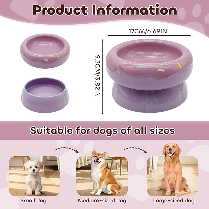 Donut Duo Ceramic Dog Bowl, Dog Water Bowl and Dog Food Bowl, Pet Bowls (Purple)