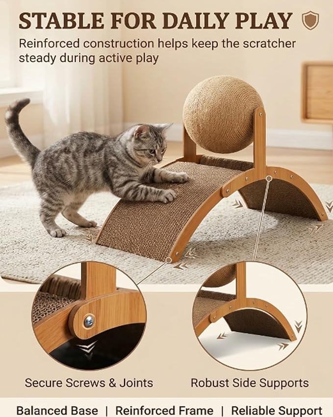 Wobble Ball Cat Scratcher, 2 in 1 Wood Interactive Cat Arch Scratching Ball on Stand with Arched Bridge and 360° Rotating Hanging Sisal Balls for Indoor Cats Kittens(Big)