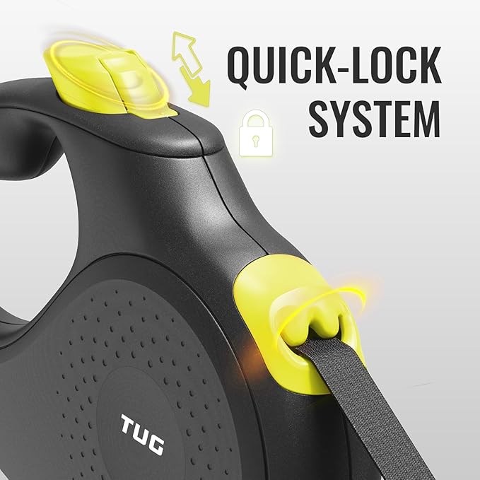 TUG 360° Tangle-Free Retractable Dog Leash | 16 ft Strong Nylon Tape (Large, Black/Yellow)