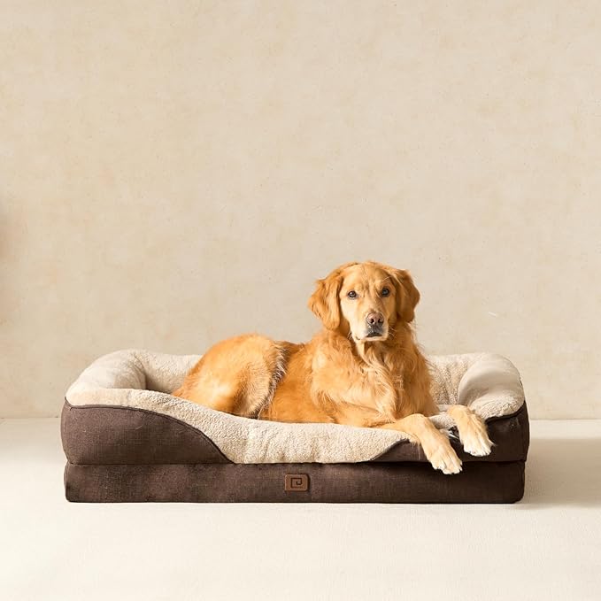 EHEYCIGA Orthopedic XL Dog Bed for Large Sized Dog, 42x30 Inch Extra Large Memory Foam Dog Couch Bed with Sides, Waterproof Liner & Washable Removable Cover, Bolster Pet Sofa, Brown
