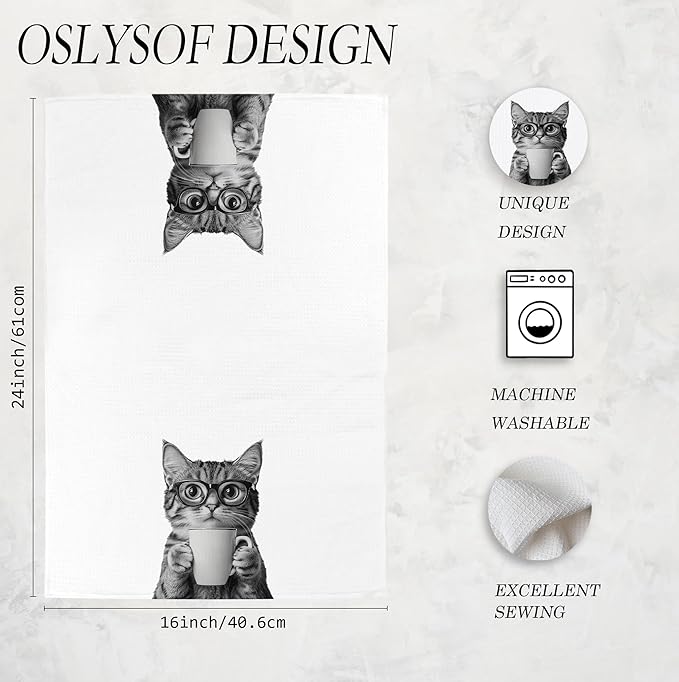 Funny Coffee Cat Kitchen Towels, Cat Lovers Mom Lady Gifts Dish Tea Towel for Kitchen Coffee Bar Station Decor, Kitten Pet Lover Gifts Hand Towels, 16x24 Inch