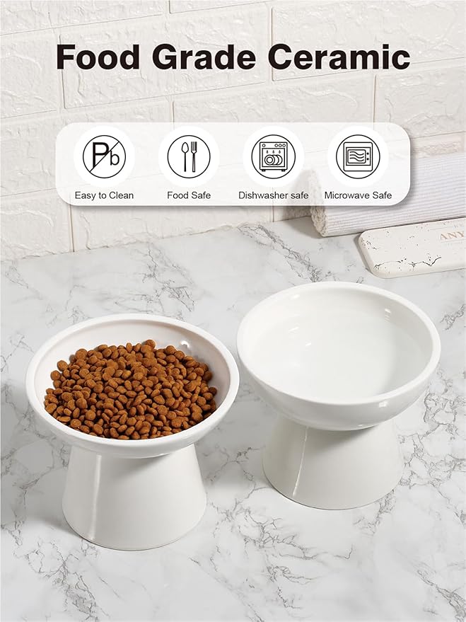 LoeJan Elevated Cat Food and Water Bowls Set, Extra Wide and Raised Ceramic Feeder, Anti-Vomit Whisker-Free Pressure Feeding Bowl for Kittens Adult Small Dogs