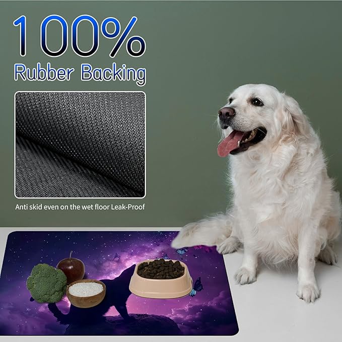 Dog Food Mat, 19.6" x 23.6" Absorbent Pet Feeding Mat for Food and Water, Waterproof Diatom Mud Pet Placemat with Non-Slip Rubber Backing, Cat Bowl Mat for Floors - Purple Cat Butterfly