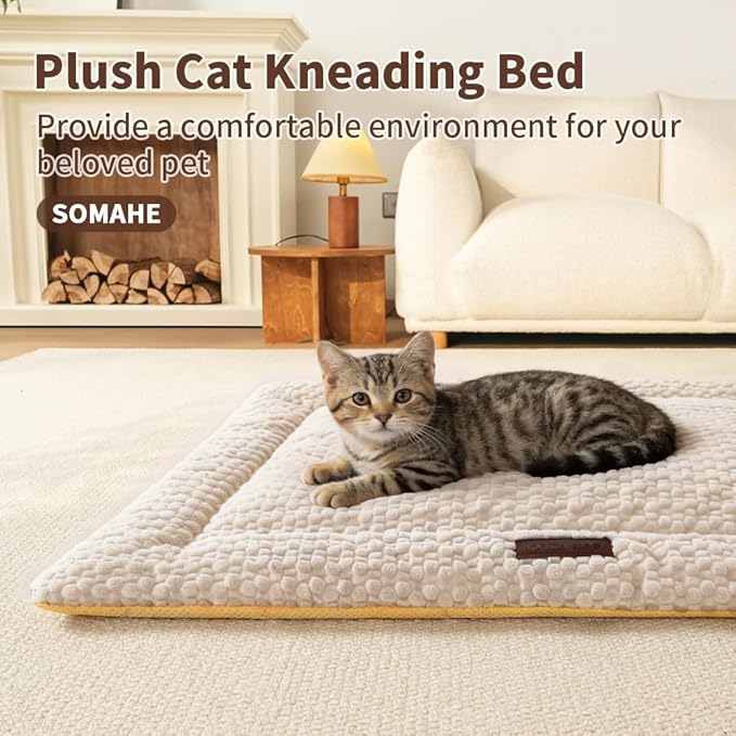 SOMAHE Cat & Dog Bed Mat, Soft Plush Flat Cat Bed with Non-Slip Bottom, 1.2" Thick All-Season Kneading Cushion, Machine Washable Pet Bed for Cats & Small Dogs 20×27Inch, Milk