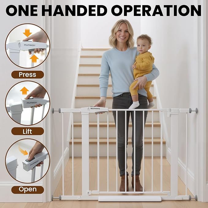 Baby Gate for Stairs, 29.7-40.6" Auto Close Dog Gate Indoor for Doorways, Dual-Lock Design, Adjustable Pet Gate No Drilling with Walk Thru Door for Hallways, Stroller Friendly, White