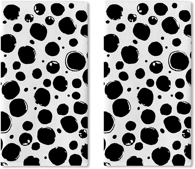 Black White Polka Dots Kitchen Dish Towels Set of 2, Spots Doodle Drying Hand Towel Baking Cooking Cloth, Modern Art Bathroom Home Decoration 18 x 26 Inches