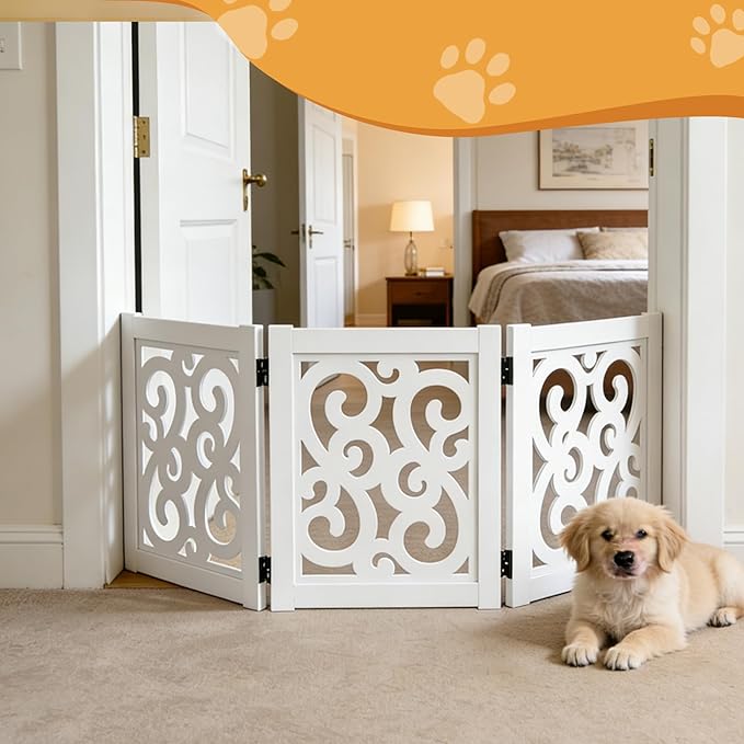 Ashfield & Harkness: 3-Panel Pet Gate - Scroll White - Wooden Foldable Freestanding Fence, Small Dogs & Puppy, 48 x 19.3, Indoor-Doorway-Halls-Stairs