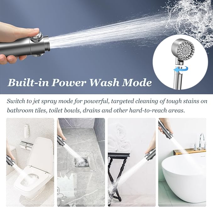 PWERAN Filtered Shower Head with Handheld,4 Spray High Pressure Showerhead with Filters for Hard Water -Remove Chlorine ON/OFF Switch for Pet Bath (Gray)
