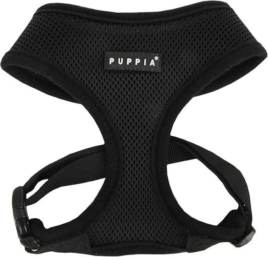 Puppia Soft Dog Harness No Choke Over-The-Head Triple Layered Breathable Mesh Adjustable Chest Belt and Quick-Release Buckle, Black, Small