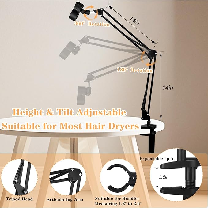 Dog Hair Dryer Holder,Blow Dryer Stand for Dog,Hands-Free 360° Rotating Pet Grooming Table Blow Dryer Stand with Adjustable Arm,Dog Tabletop Hair Dryer