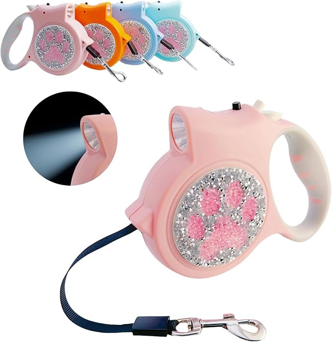 Led Retractable Dog Leash – 16ft Leash with Handcrafted Sparkle Detail Tangle-Free One-Hand Brake Soft Grip Handle for Small & Medium Dogs Up to 77lbs (DL-PK)