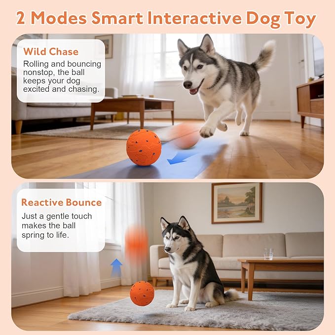 Interactive Dog Ball, Pet Toys Balls Automatic Moving & Bouncing Toy for Small Medium Large Dogs, Solid E-TPU & IPX7 Waterproof, Active Rolling Puppy Toy for Exercise and Boredom Relief(Orange)