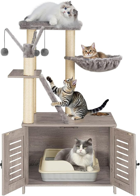 HOOBRO Cat Tree with Litter Box Enclosure, 44" Tall Wooden Cat Tower with Scratching Posts, Cat Hammock, Hidden Litter Box Furniture, All-in-One Indoor Cat Condo, Greige BG48MZ03