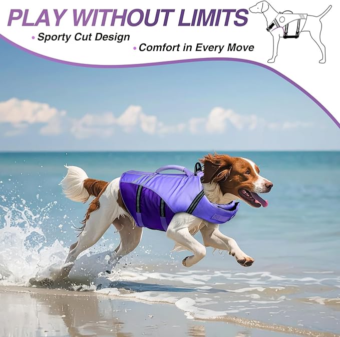 VIVAGLORY Sports Style Dog Life Vest, Dog Life Jacket for Swimming & Boating, Ripstop & Buoyancy for Puppy Doggy, Lifejacket with Handle, L, Purple