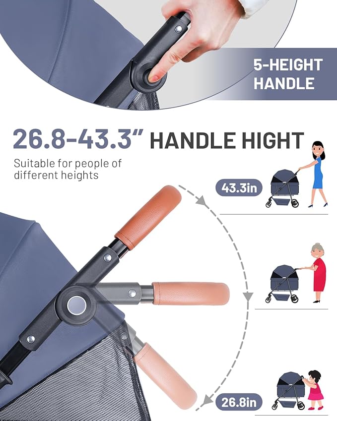 Dog Stroller for Large & Medium Dogs, Pet Stroller for 2 Small Dogs, Extra Large Heavy Duty, Foldable Design, Adjustable Handle, with Pocket, Up to 66lbs(Navy Blue)
