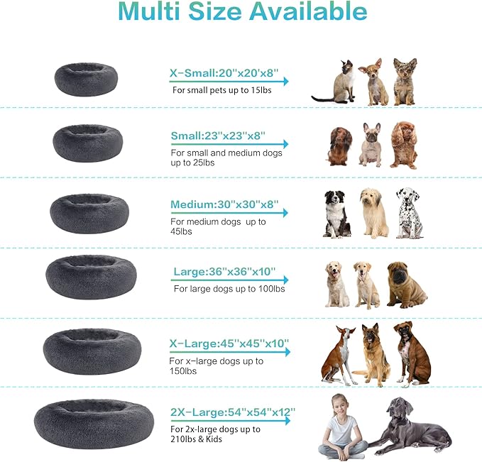 SAVFOX 23 inches Calming Donut Dog Bed - 3X Durable Plush Faux Fur, Machine Washable & Non-Slip, Fits up to 25 lbs, Dark Grey