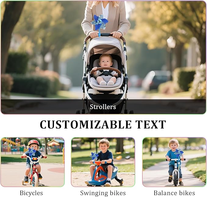 Rotating Pinwheel Stroller Identifier, Stroller Identifier Sign Flag, Stroller Finder Hanger with Rainbow Pinwheel and Ribbon, Quick Search Your Stroller in Theme Park Airport Mall (Blue)