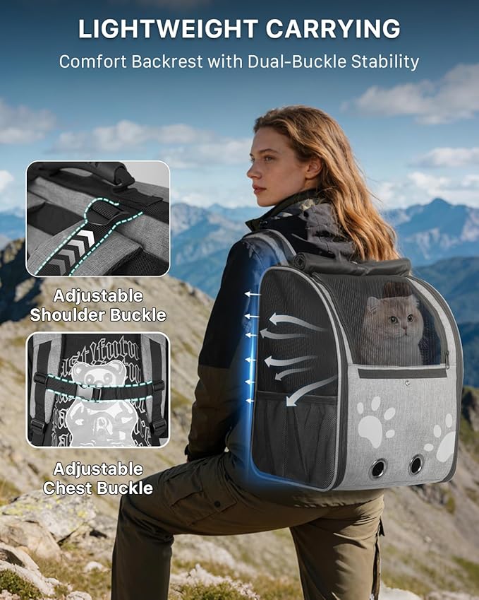 Cat Backpack Carrier with Comfort Handle, Ventilated Cat Backpack with Reflective Strips, with Chest and Shoulder Buckles, Foldable Cat Carrying Backpack for Kitty Small Dog up to 15lbs(Grey).