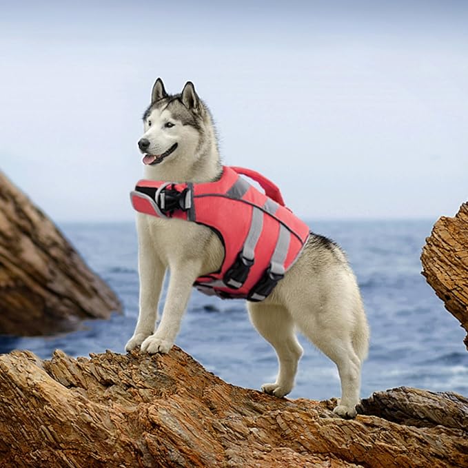 Kuoser Dog Life Jacket with Reflective Stripes, Dog Life Vest for Swimming Boating, Adjustable Pet Lifejackets with High Flotation, Doggie Swimsuit for Small Medium Large Dogs