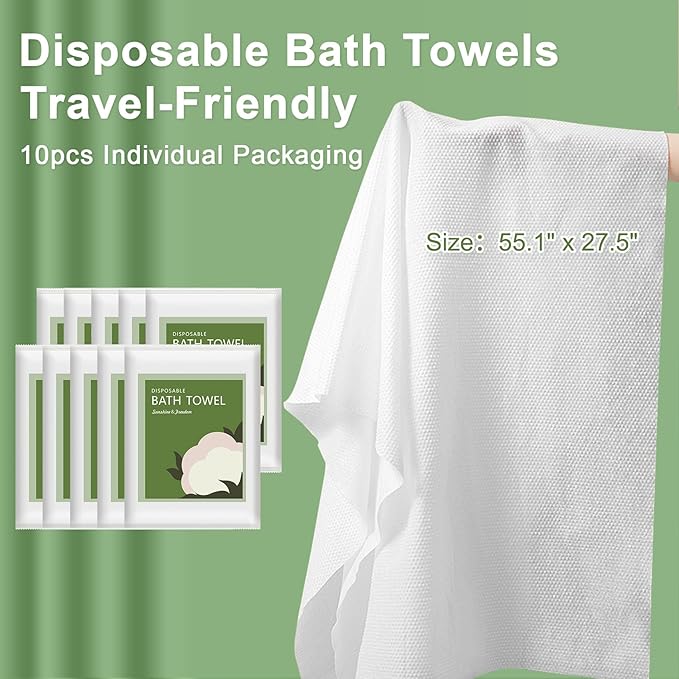 Disposable Bath Towels, 10 Pack 55" x 27.5" Ultra Soft, Quick Dry Disposable Body Towel, Portable Travel Towel for Hotel Camping Beach Swimming Gym Sauna Spa, Personal Care Pet Towels