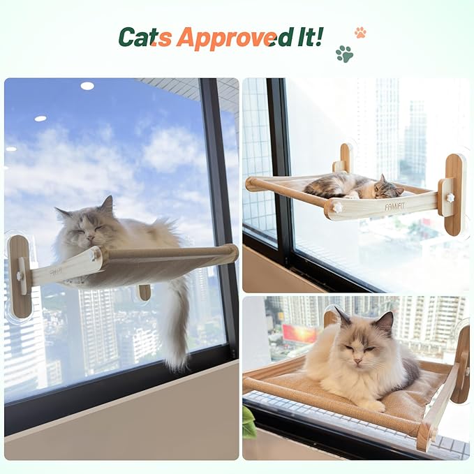 Foldable Cat Window Perch - Natural Pine Cat Sill Seat, 45LBS Heavy Duty Cordless Design, Space-Saving No-Scratch Window Hammock for Indoor Cats