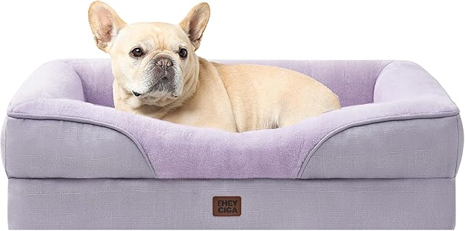 EHEYCIGA Orthopedic Dog Bed for Medium Dog, 30x20 Inch Memory Foam Dog Couch Bed with Sides, Waterproof Liner & Washable Removable Cover, Bolster Pet Sofa, Purple