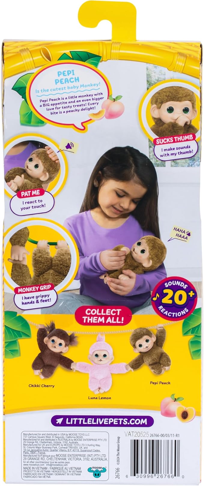 Little Live Pets Baby Monkey Minis – Pepi Peach. Interactive Pet Toy. 20+ Sounds & Reactions. Soft Brown Fur, 7.4" Tall. Super Realistic. Feed, Nurture, React. Grippy Hands & Feet. Collect All 3