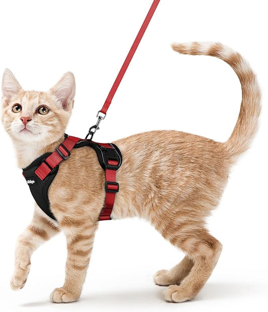 rabbitgoo Cat Harness and Leash Set, Escape Proof Vest Harness for Safe Outdoor Walks, Soft Breathable Adjustable Vest with Reflective Strips for Small and Average Cats, Black & Red, S