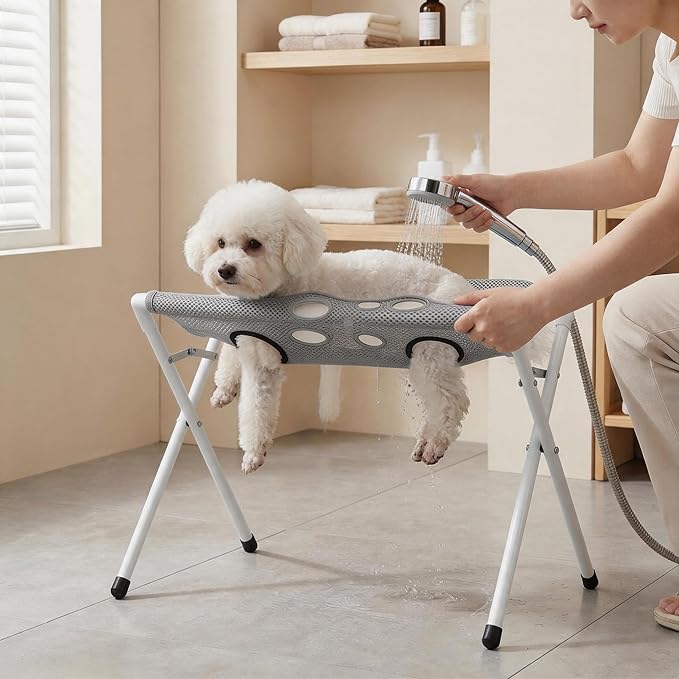 Pet Grooming Solutions Foldable Pet Grooming Hammock Stand for Small Cats and Dogs, Gray Breathable Mesh, Bathing, Nail Clipping, Grooming