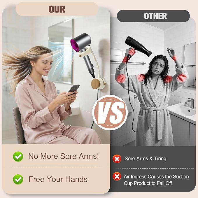 Hands Free Hair Dryer Holder Wall Mount, 360° Rotating Adjustable Height Suction Cup Blow Dryer Holder, No Drill Installation, Damage-Free Wall, with Cord Storage for Most Hair Dryers（Cream）
