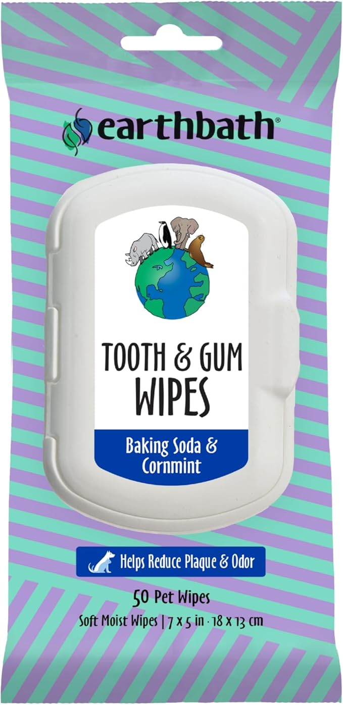 earthbath Tooth & Gum Wipes - Mint Dog Teeth Cleaning Wipes, No Brush Pet Dental Finger Swab for Dog and Cat Teeth Cleaning, Made in USA - Baking Soda & Cornmint, 50 Count