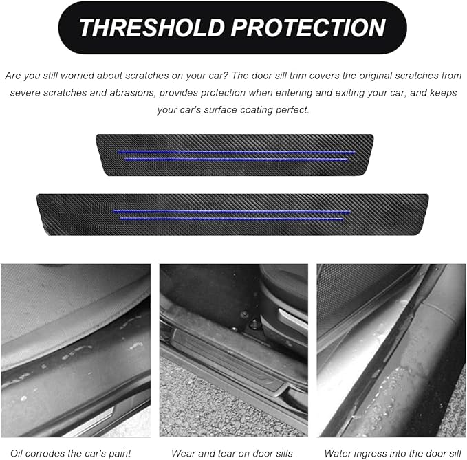 4 PCS Car Door Sill Protector, Waterproof Carbon Fiber Style Car Door Entry Guard Sill Protector, Anti-Scratch Door Threshold Strips Stickers for Most Vehicles, Car Accessories (Blue-4pcs)