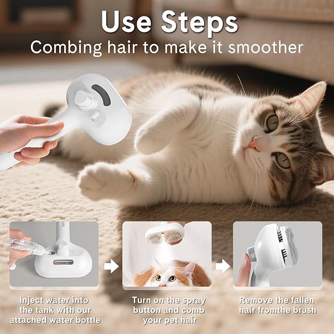 Pet Steam Brush for Dogs & Cats - 3-in-1 Deshedding & Detangling Tool with Steam Spray, Anti-Static Grooming Brush for Long/Short Haired Pets, Waterless Cleaning & Massage(White)