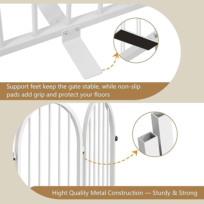 PUPETPO Full Metal Dog Gate for Indoor Outdoor, 24" Tall Free Standing Pet Dog Fence, 54" Wide Arched Pet Gates for Stairs, Hallways, Doorways, Kitchen, Decks, Yards (White, 3 Panels)