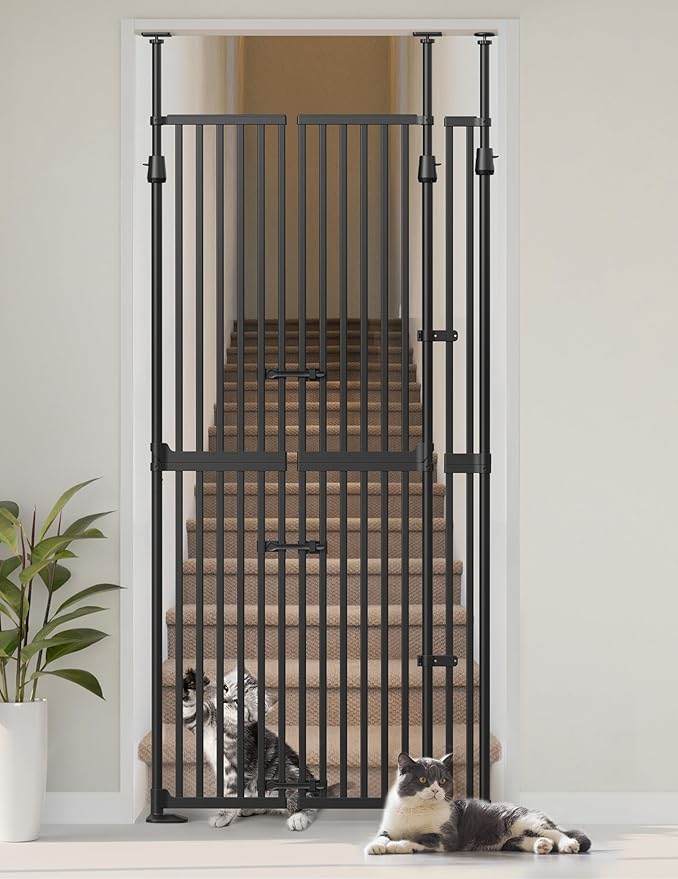 Extra Tall Cat Gate, 74.8”–90.5” High x 30.3”–38.2” Wide, No-Drill Pressure Mounted Safety Barrier for Doorways, Stairs, Hallways, Multi-Pet Separation，Black