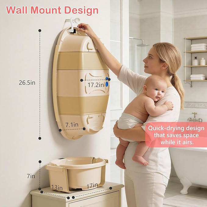 Collapsible Baby Bathtub - Large Baby Bath Tub with Thermometer | Bath Essential Bañera para Bebe Easy Fold Baby Tub | Travel Infant Newborn Toddler Bathtub for Baby Girl Boy 0 to 36 Months(Khaki)
