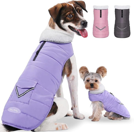 Dog Winter Coat for Large Dogs, Easy on Dog Snow Fleece Coat Velcro Waterproof Pet Puffer Clothes with Harness Hole Adjustable Reflective Quilted Pet Cold Weather Vest Wind-poof for Girl Female
