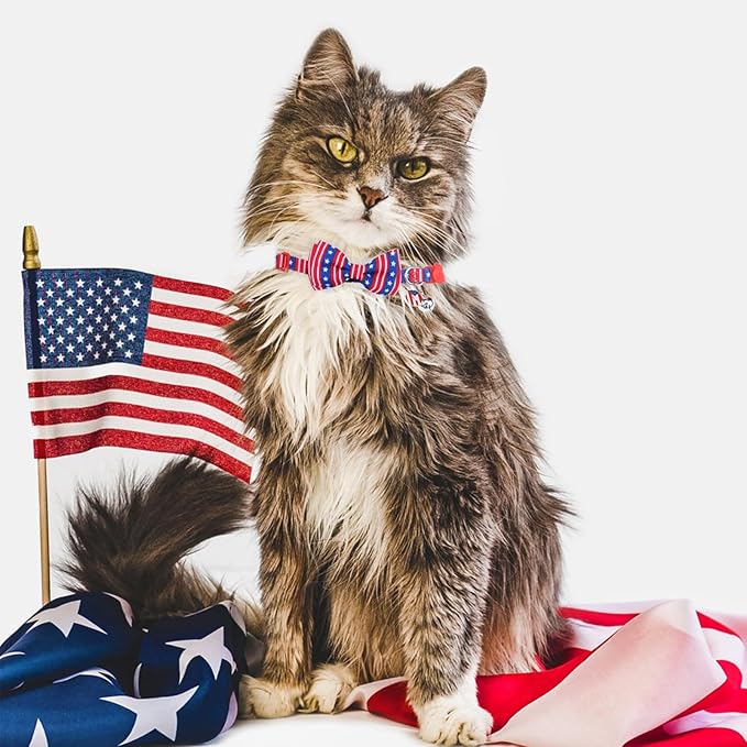 PUPTECK Cat Collar Breakaway with Bells, Kitten Collar Outfit Adjustable for Girl Boy Small Pet Puppy Bunny, Cute Costume Accessory with Safety Release Buckle (Bowtie-Independence Day)