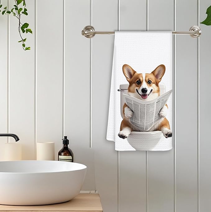 Funny Corgi Dog Hand Towels for Bathroom Washroom, Dog Bathroom Decor, Gifts for Corgi Lovers Women Men, Funny Puppy Dogs Bathrooms Hand Towels, 16x24 Inch