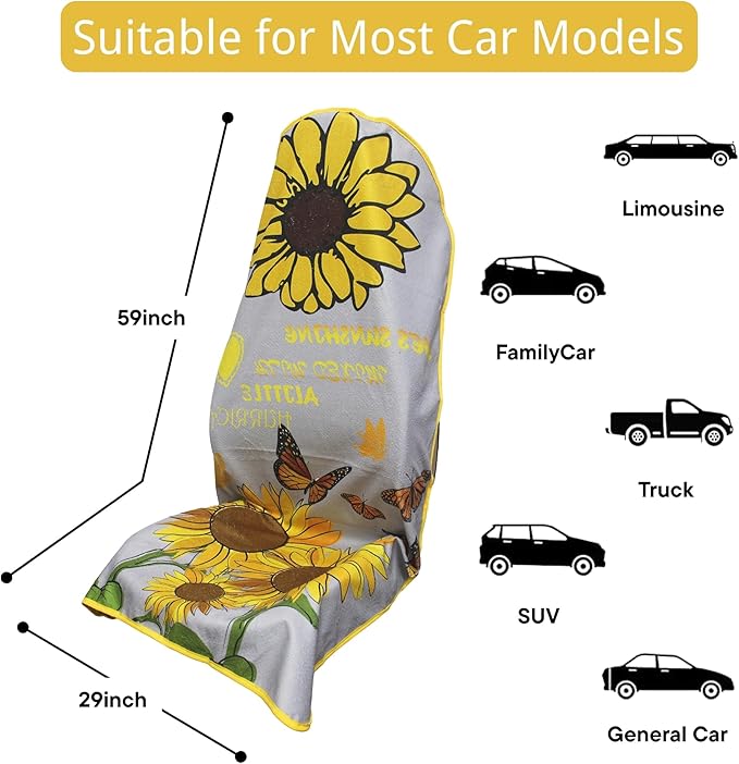 Waterproof Car Seat Cover for Front Seats, Protector for Cars SUVs Trucks, Sweat Towel Seat Covers Bucket for Gym,Workout,Beach,Hiking,Running Swimming (Sun Flower, 1PC)