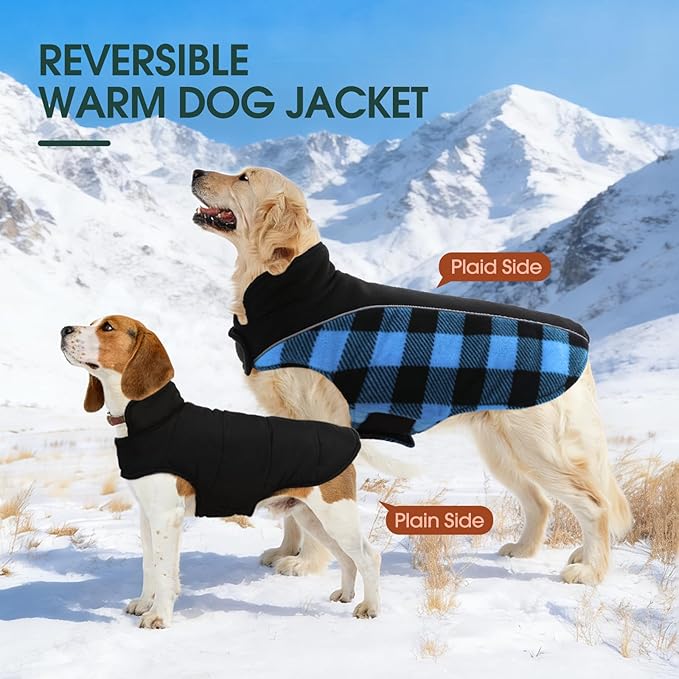 Kuoser Dog Winter Coat, Reversible Waterproof Dog Jacket with Leash Hole, Warm Dogs Fleece Vest Adjustable Doggy Cold Weather Clothes Plaid Christmas Outfit Pet Apparel for Extra Large Dogs, Blue 3XL
