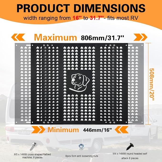 SKTYANTS RV Screen Door Protector Guard for Dogs - Black Adjustable Aluminum Alloy Grille (Fits 16"-31.7" Doors), Rust-Proof Pet-Proof Protector for RV Camper Travel Trailer Entry