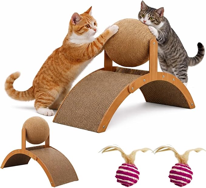 Cat Scratching Ball on Stand, Solid Wood Slanted Cat Scratching Board Design, 2-in-1 Interactive Cat Scratcher Toy with Arch Bridge and 360° Rotating Natural Sisal Ball for Indoor Cat Kittens (S)