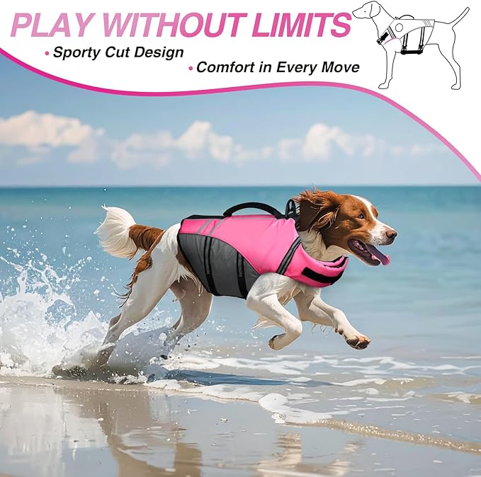 VIVAGLORY Sports Style Dog Life Jacket with Adjustable & Durable, Extra Flotation Swim Life Vest with Secure Fastening System for Large Dogs, Pink