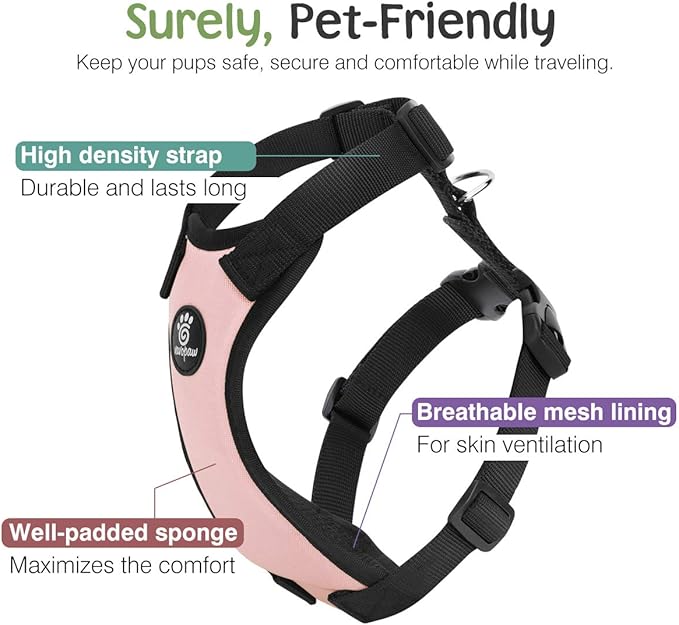 VavoPaw Dog Seat Belt, Heavy Duty Vest Dogs Car Harness with Adjustable Buckle Dog Seats Belt for Vehicle Nylon Pet Safety Seat Belts (L, Pink)