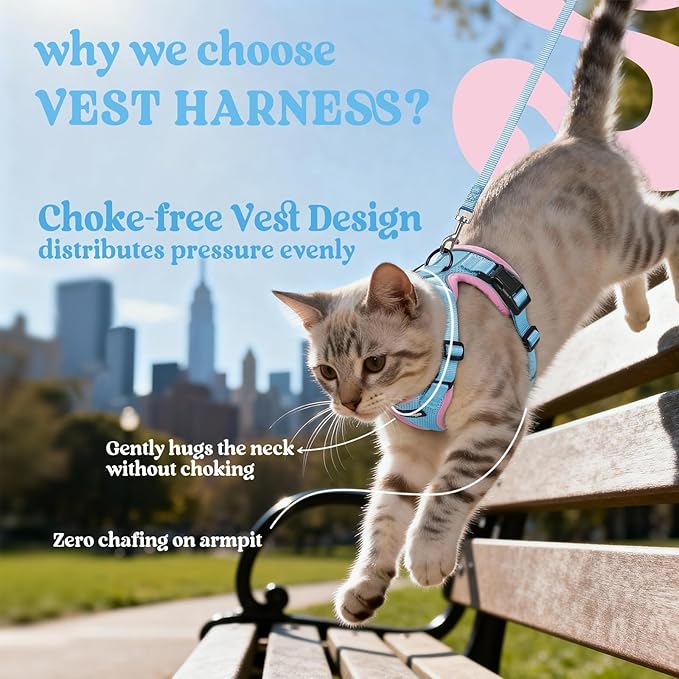 rabbitgoo Cat Harness and Leash Set, Escape Proof Vest Harness for Safe Outdoor Walks, Soft Breathable Adjustable Vest with Reflective Strips for Small and Average Cats, Light Blue & Pink, S