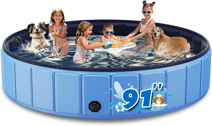Foldable Dog Pool for Large Dogs, 91” Collapsible Hard-Side Dog Swimming Pool, Leakproof PVC Portable Pet Bath Tub & Kiddie Pool, Non-Slip Bottom, Indoor & Outdoor, Blue
