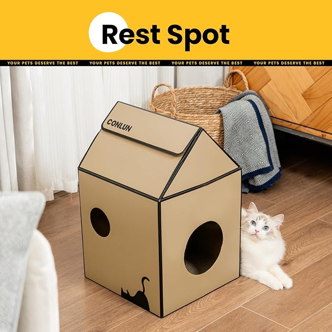 Conlun Cardboard Cat House with Scratch Pad & Catnip, Cat Play Scratching House for Indoor Hideaway Furniture, Heavy Duty Sturdy Cardboard Scratcher, Easy to Assemble Birthday Gift, Medium